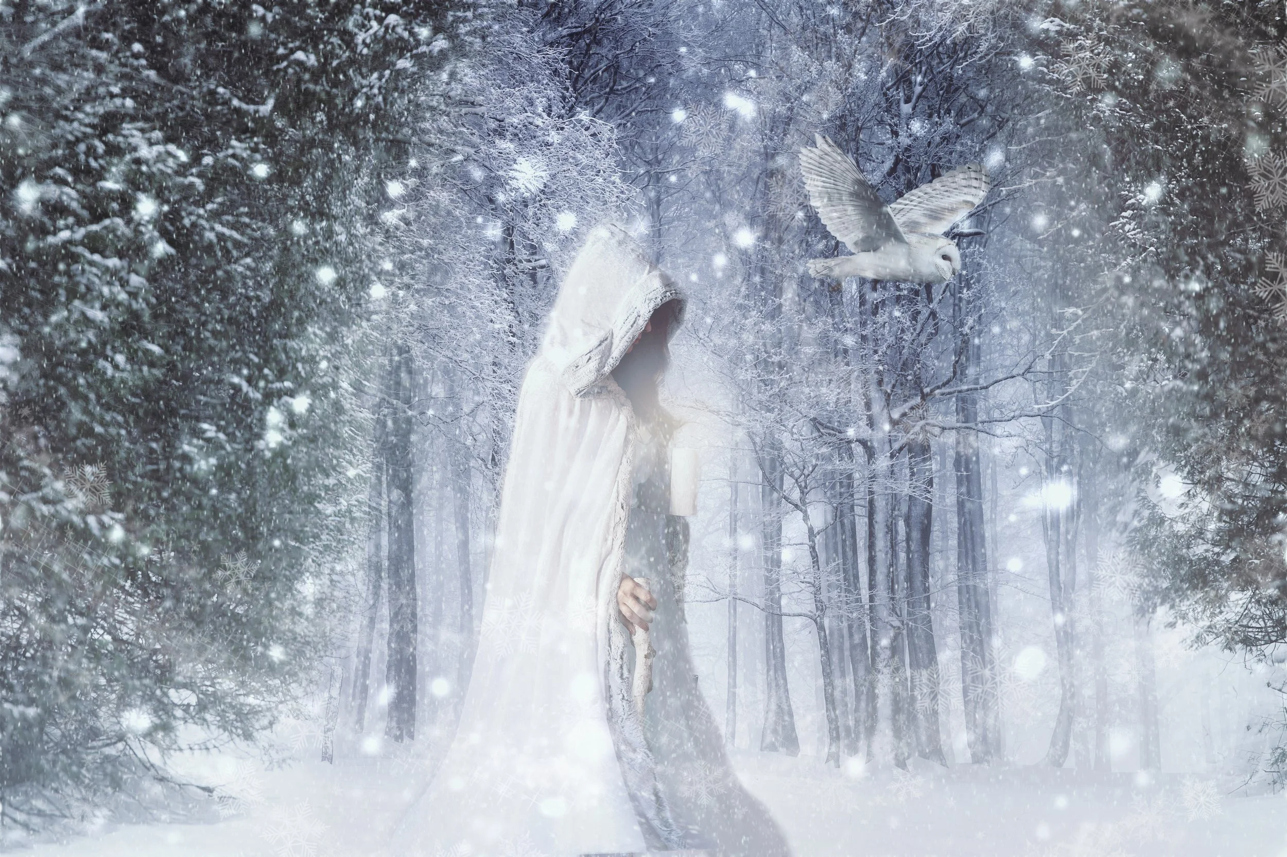 A person dressed as a ghost or spirit holding a lantern walking through a snowy, forested landscape with a flying white owl nearby.