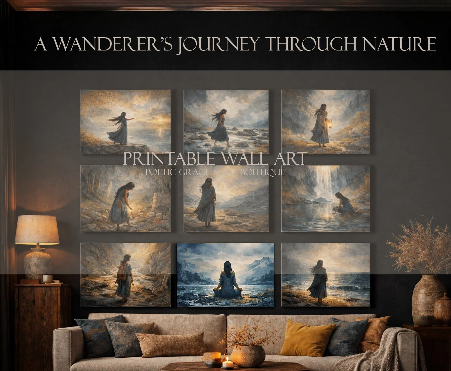 A Wanderer's Journey Through Nature - Nordic Printable Artwork for home decor. High Resolution Digital Download 18" x 12" prints

This collection of nine paintings tells a quiet, unfolding story of movement, reflection, and becoming. Through moody bl