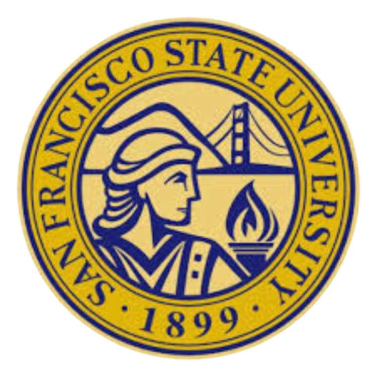Seal of San Francisco State University featuring a woman in profile, the Golden Gate Bridge, and a flame, surrounded by the text 'San Francisco State University 1899'.