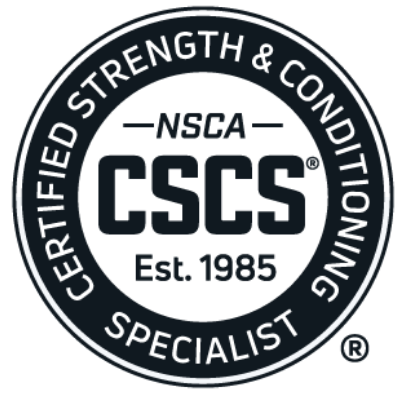 NSCA Certified Strength and Conditioning Specialist seal with text around the circle including 'Certified Strength & Conditioning Specialist,' 'NSCA,' and 'Est. 1985.'