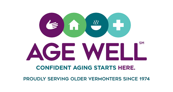 Age Well logo with icons of a hand, house, bowl, and medical cross. Text reads: "Confident aging starts here. Proudly serving older Vermonters since 1974."