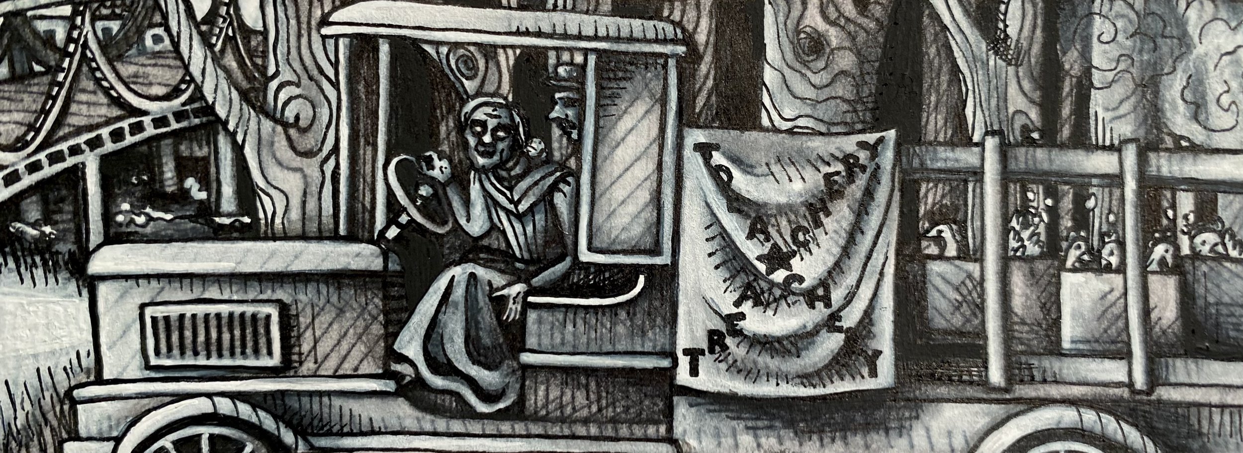 "Treachery". Illustration for book. Pen and ink, 2 x 8 inches.  