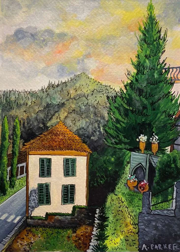 "Quick sketch before the sun goes down". Bagni di Lucca, Italy, 2026. Watercolor, 5 x 8 inches. 