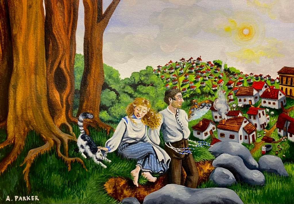 "Shtetl Fantasy". Watercolor, 8 x 11 inches.