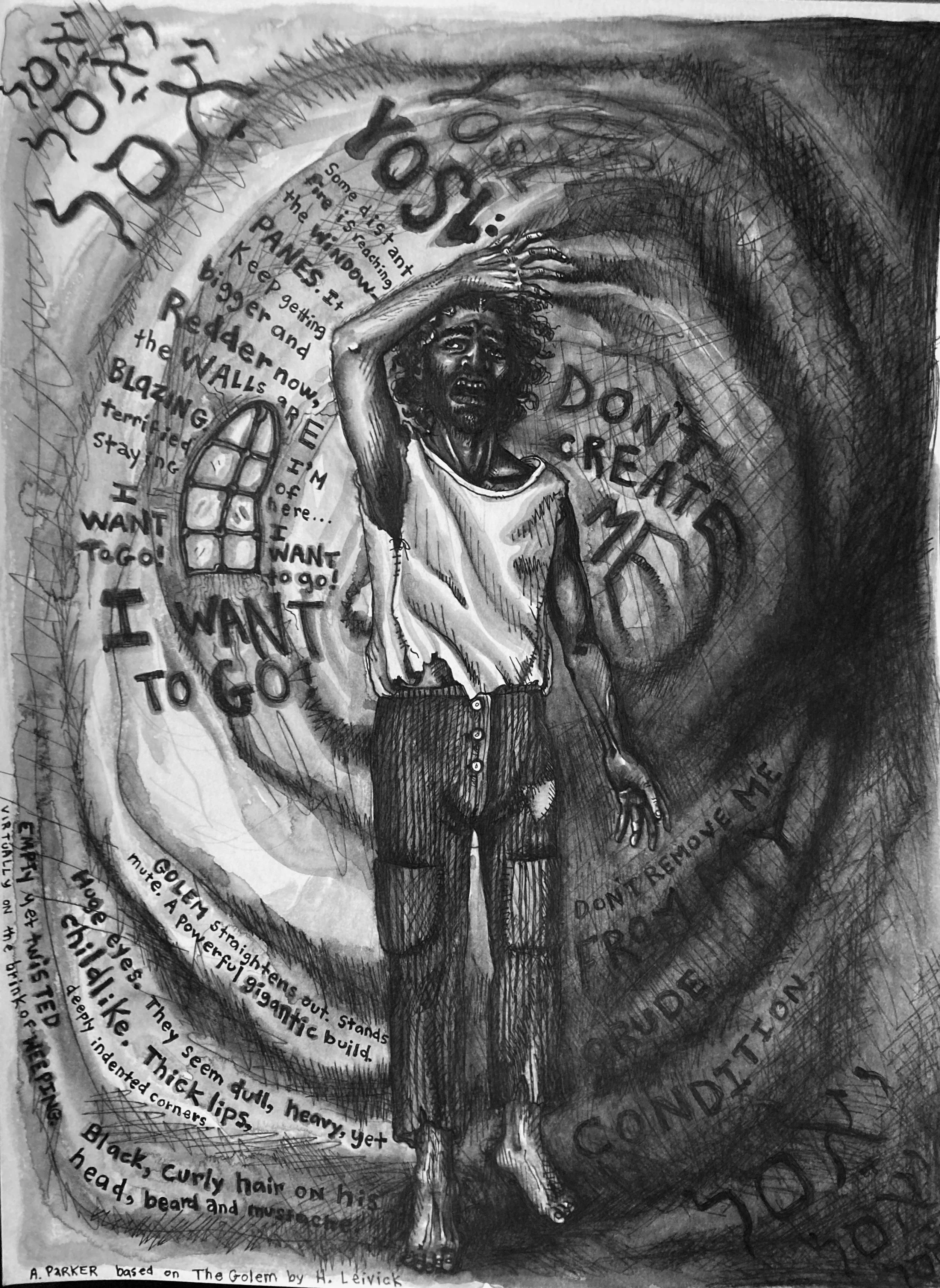 "Yosl."
Pen.
Based on H. Leivick's poetic play "The Golem."