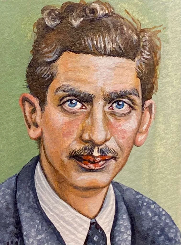 "Alfred Marburg". Born September 29, 1907, Rýmařov. Killed in Auschwitz. Watercolor, 2 x 3 inches. 