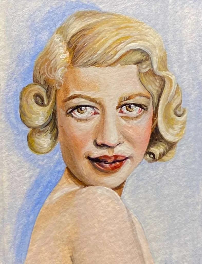 "Olga Freundová". Born April 13, 1903, Czech Republic. Killed in Auschwitz. Watercolor, 2 x 3 inches. 
