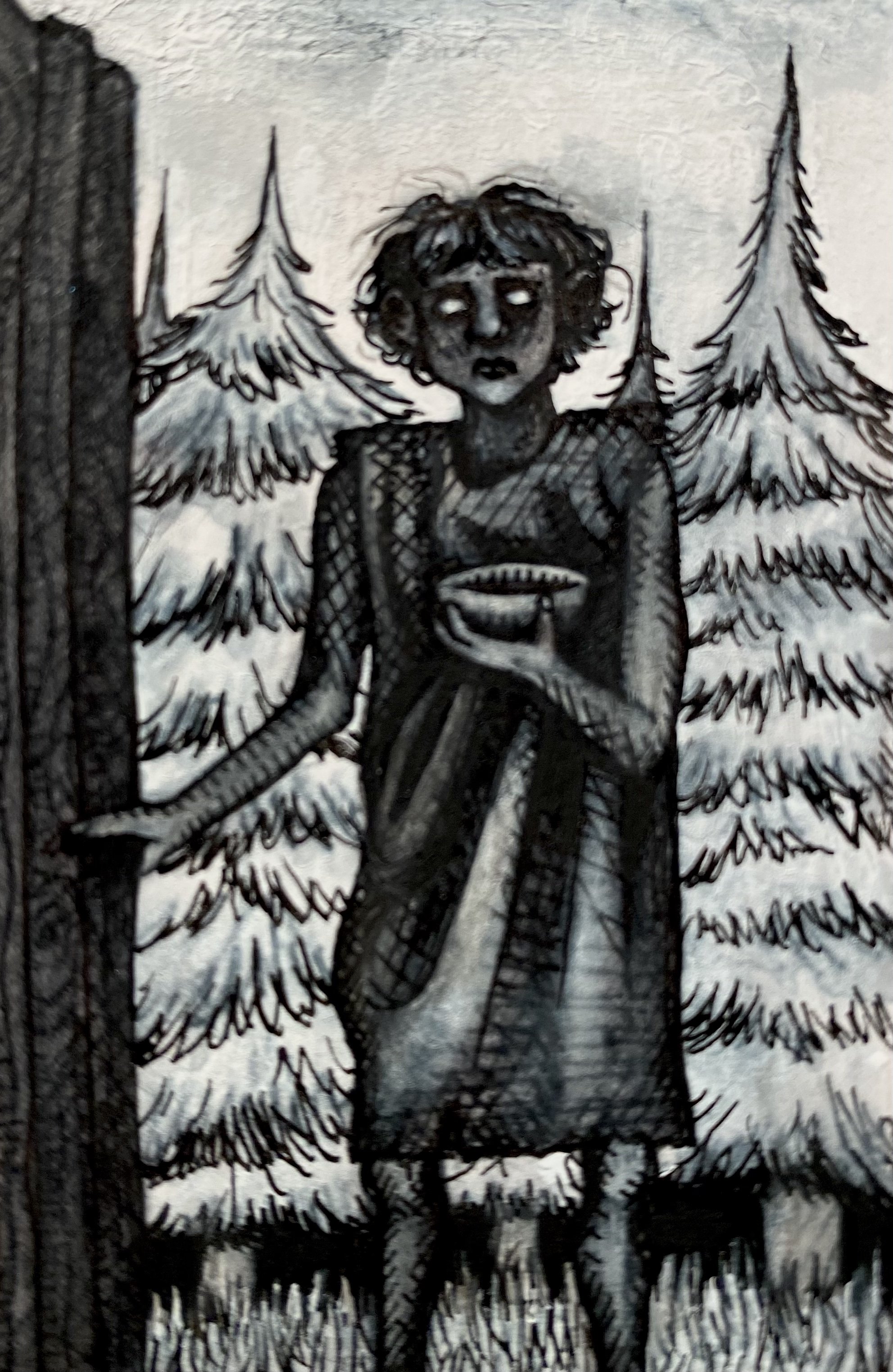 "Dinner". Illustration for book. Pen and ink, 3 x 5 inches. 