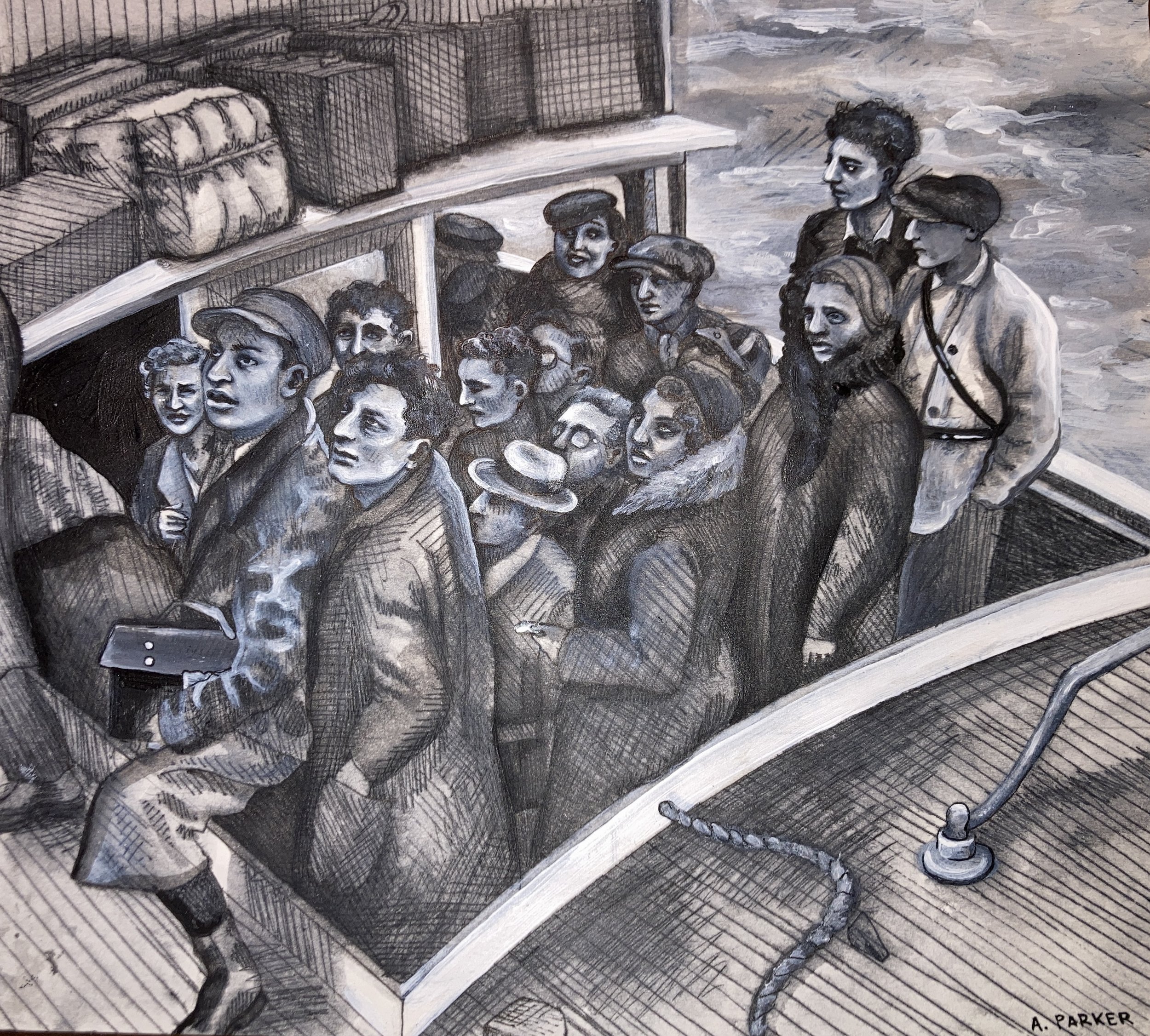 "Aliyah Refugees Arrive in Haifa."
Pencil, pen and acrylic.
Around 1940 to 1950.