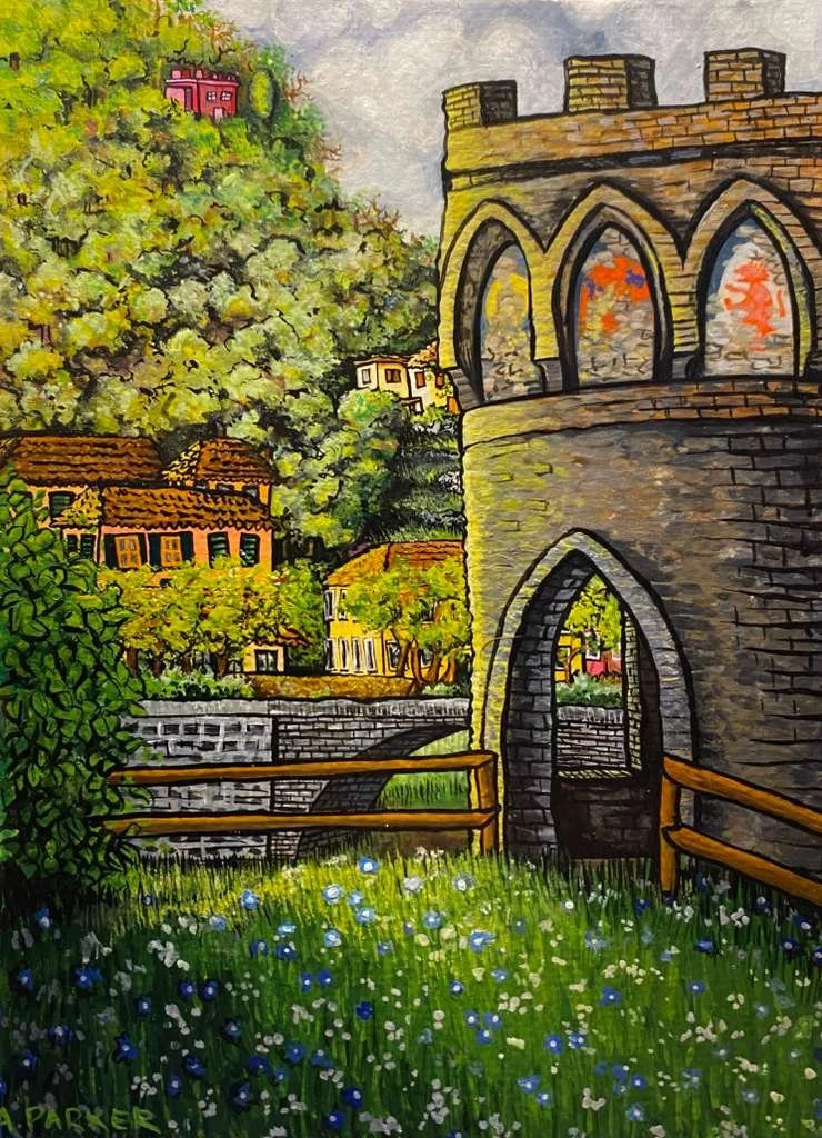 "The Villa Fortress". Bagni di Lucca, Italy, 2026. Watercolor, 5 x 8 inches. 