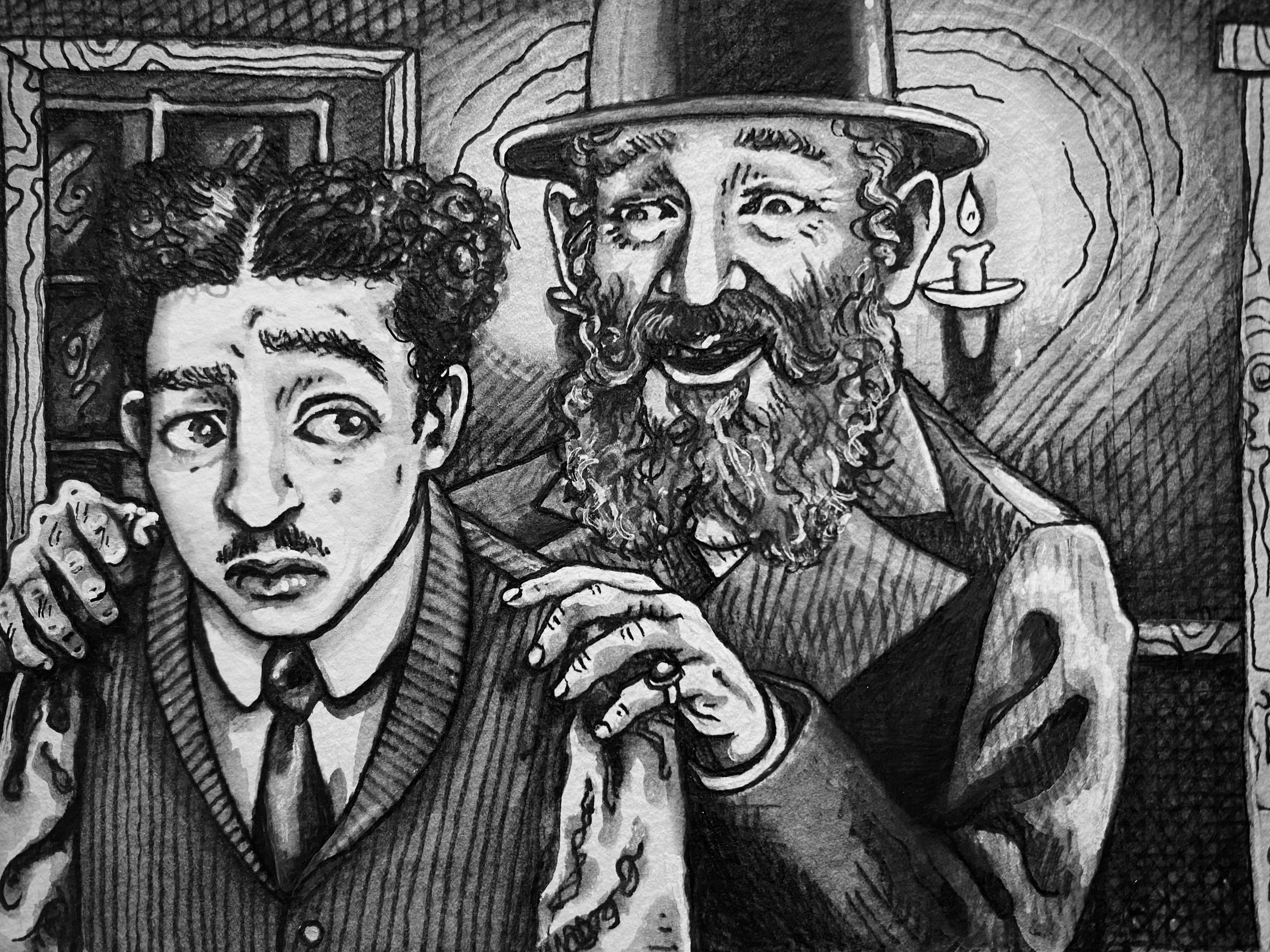 "Nokhemke, what is wrong?" Commission for the National Yiddish Theater Folksbiene's Pearls of Yiddish Song Ep. 12. Pen and ink, 3 x 4 inches. 
