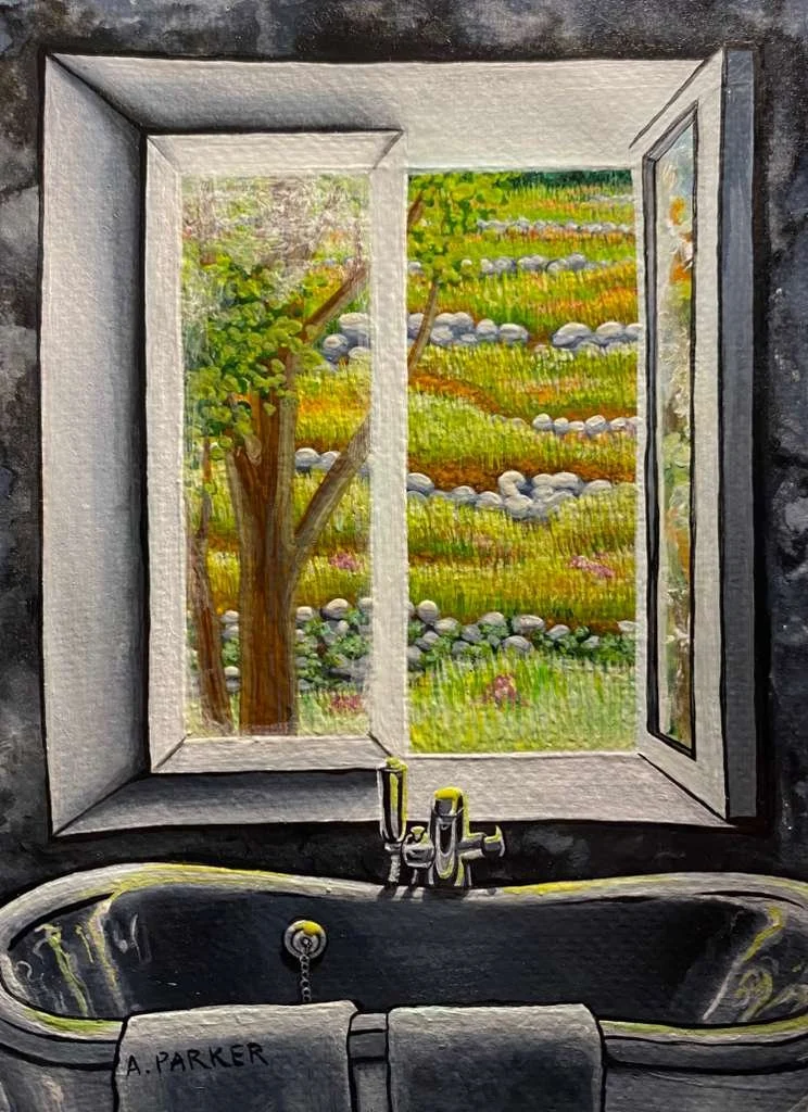 "Out the bathroom window". Bagni di Lucca, Italy, 2026. Watercolor, 5 x 8 inches. 