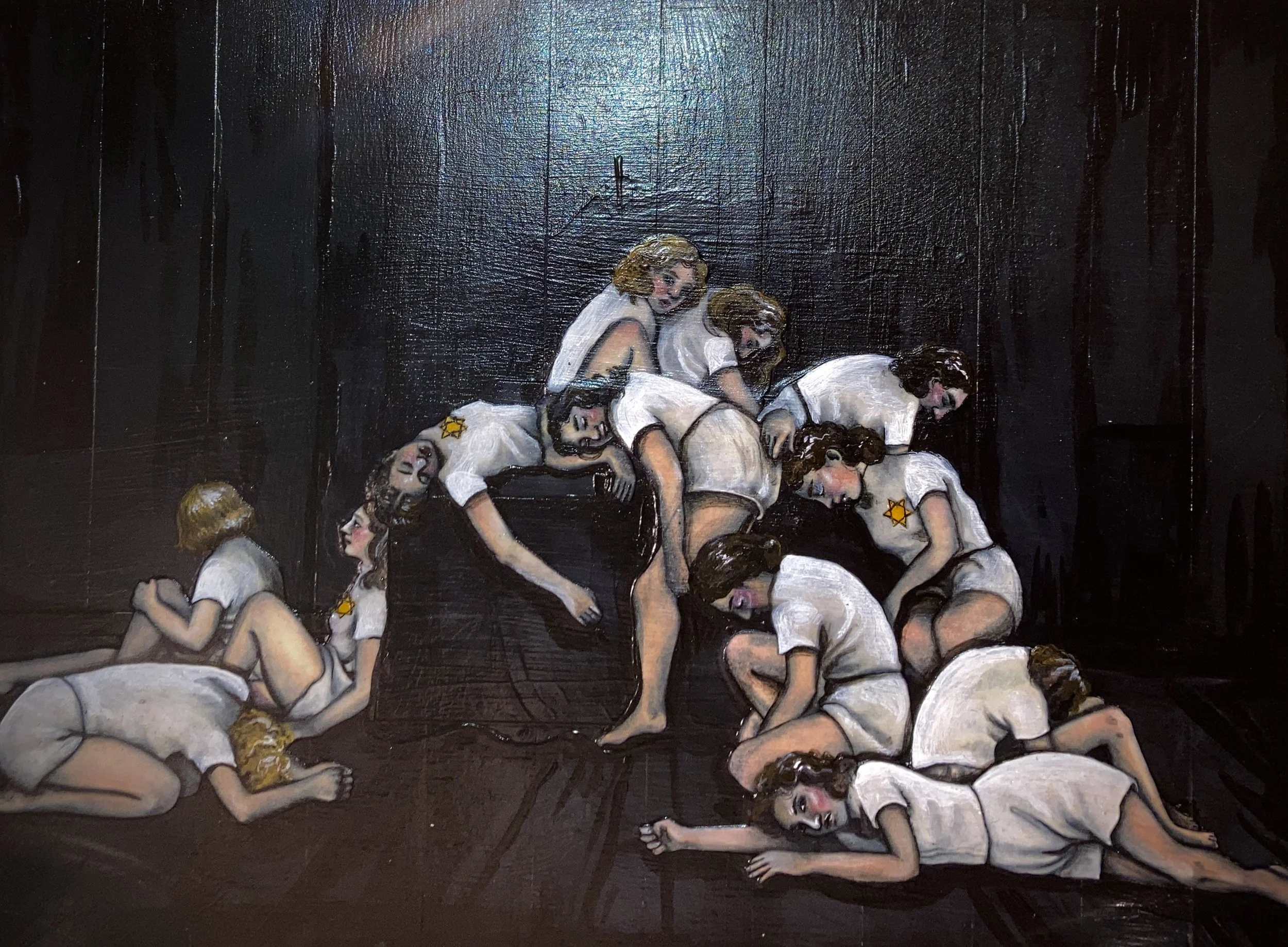 "Theater at the Displaced Persons Camp."
Prismacolor, acrylic, mixed media.
Europe, 1946.