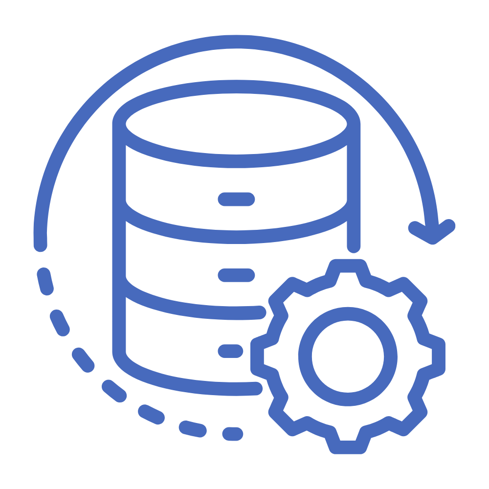 Icon of a database with a gear and arrows indicating data management or database configuration.