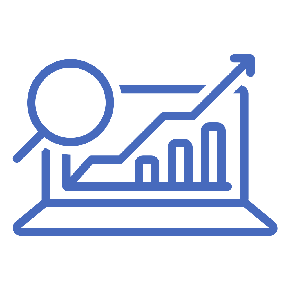 Line graph showing upward trend with a magnifying glass icon.