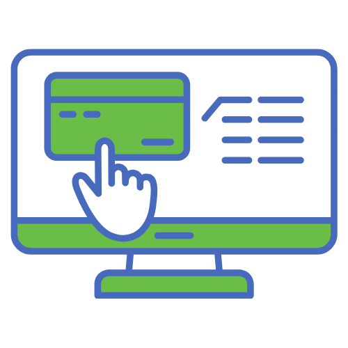 Digital illustration of a computer monitor with an online payment process, showing a hand clicking a credit card on the screen and text that reads "Grasp Virtual Payment".