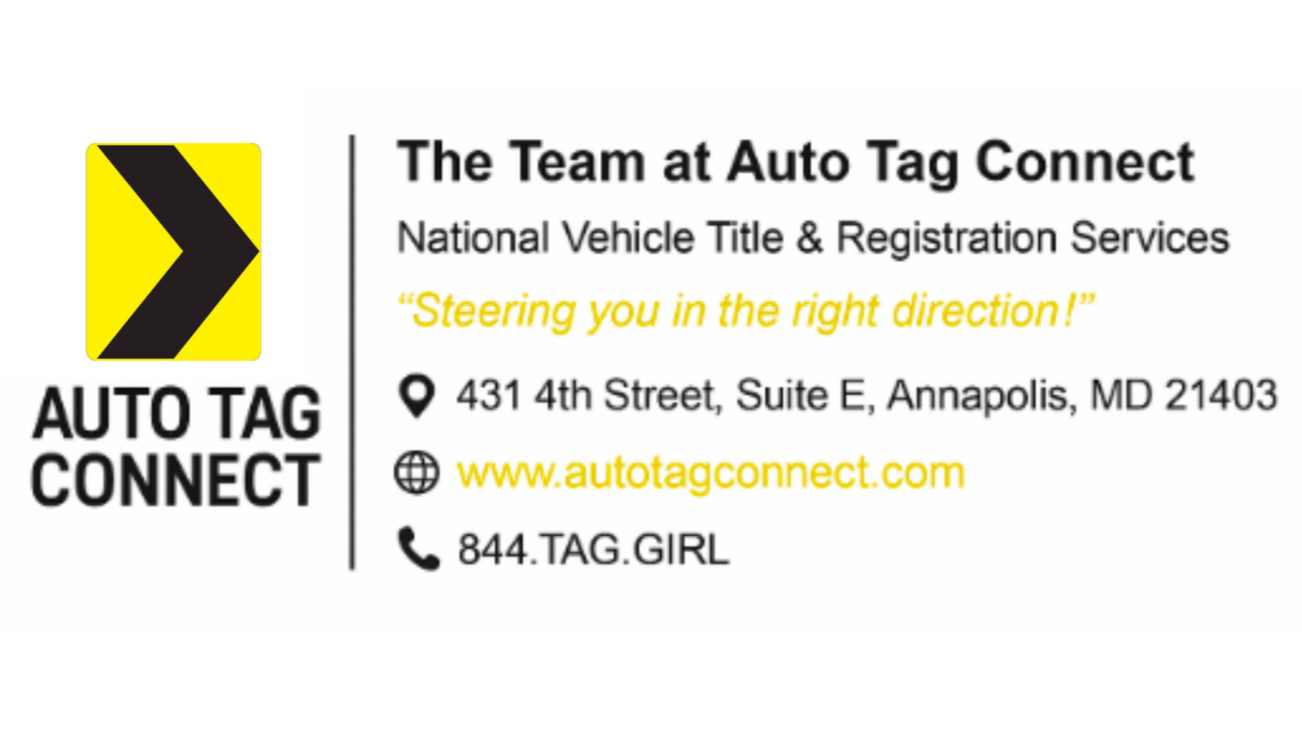 Business card for Auto Tag Connect featuring a black arrow on a yellow background, company name, slogan, address, website, and phone number.