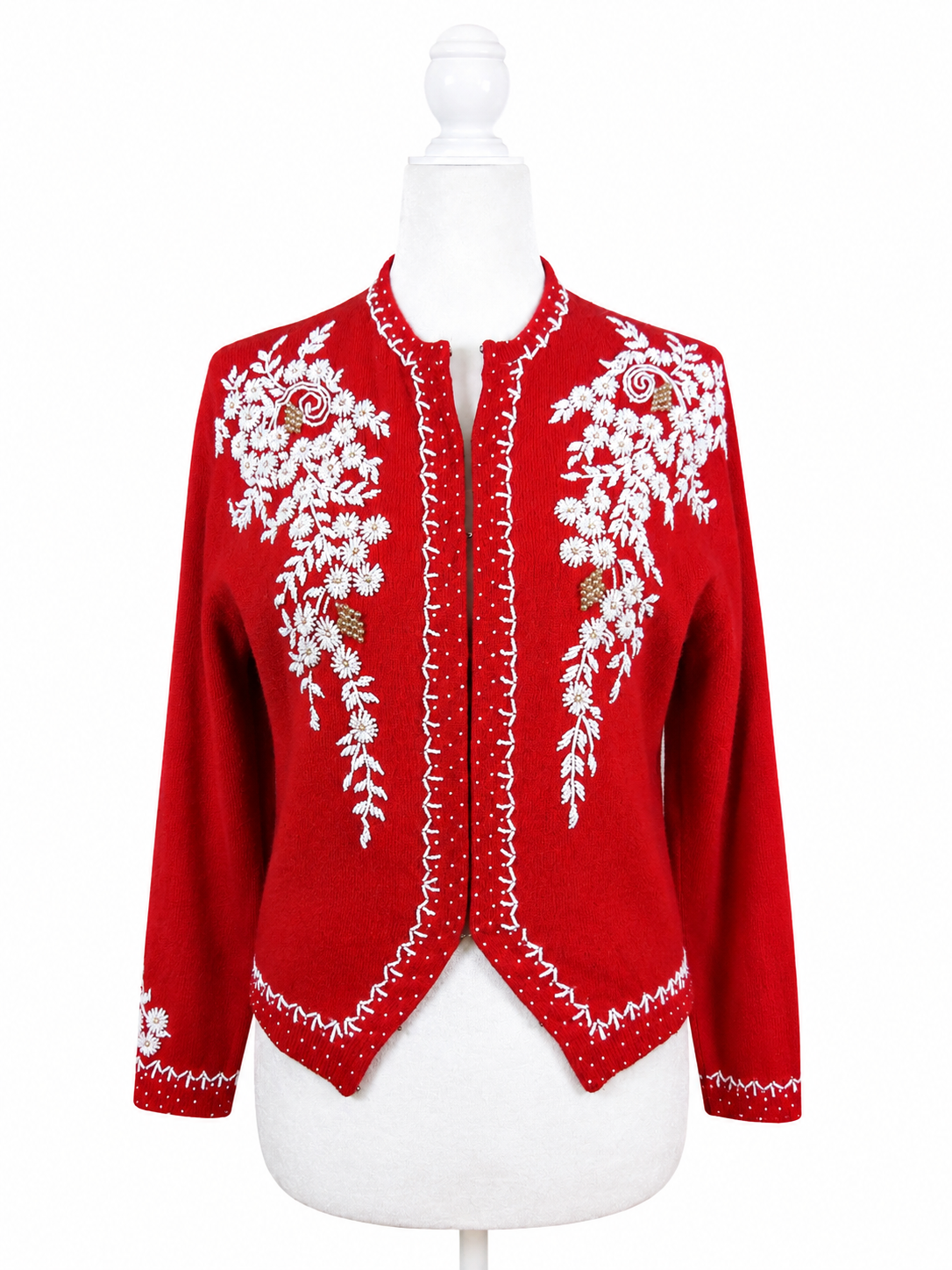 Michael Arts Red Cardigan featuring White Floral Embroidery