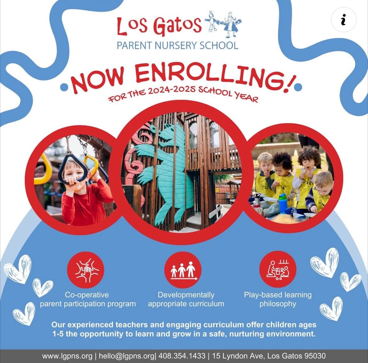 ❤️ At Los Gatos Parent Nursery School, children learn through discovery and creative play. They develop in an atmosphere of encouragement and support, where free choice of activities is emphasized and curriculum fosters social and emotional confidenc