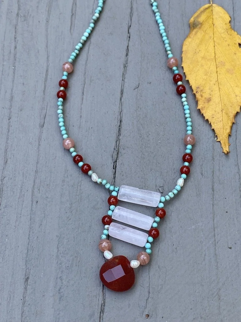16 inch bohemian necklace Rose Quartz cylindrical floating gemstone centerpiece with turquoise necklace and Rodochrosite and freshwater pearl accents