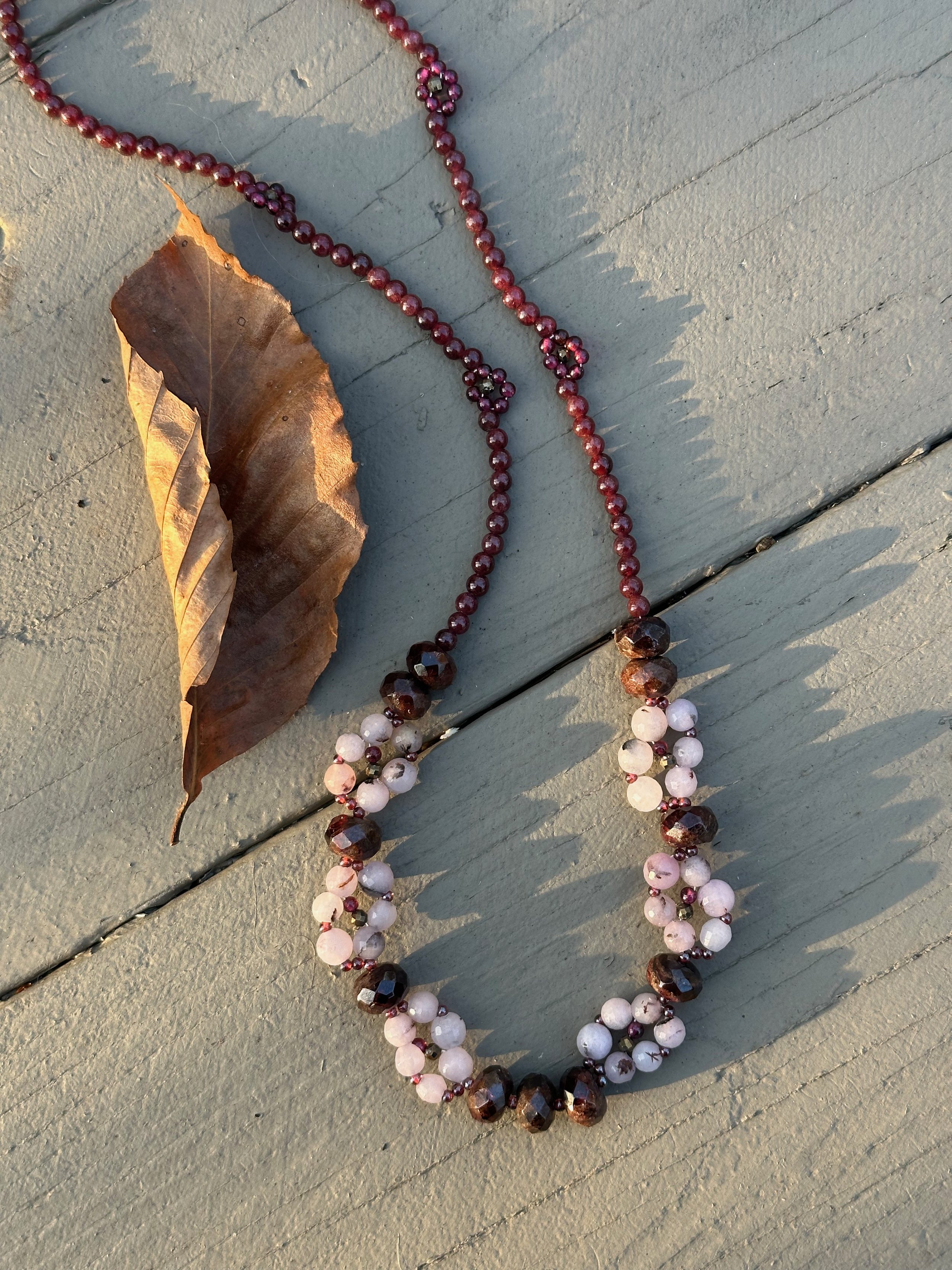 Apatachi handcrafted jewelry sophisticated bohemian necklace with textured deep red garnet and agate gemstone 20 inch necklace length