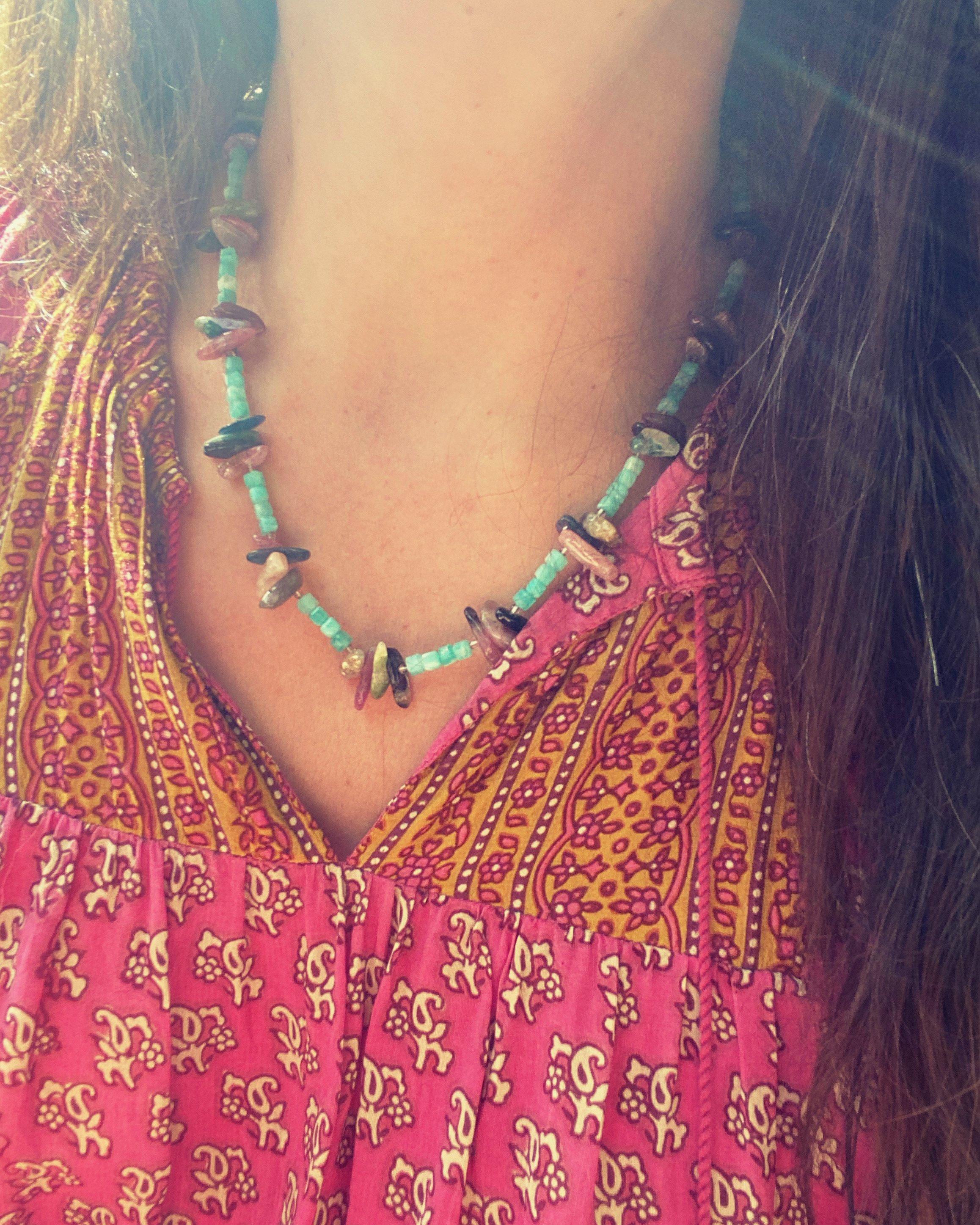 Apatachi handcrafted jewelry, sophisticated bohemian necklace with Amazonite cube shaped beads and watermelon tourmaline chips 18 inch necklace with a bohemian dress