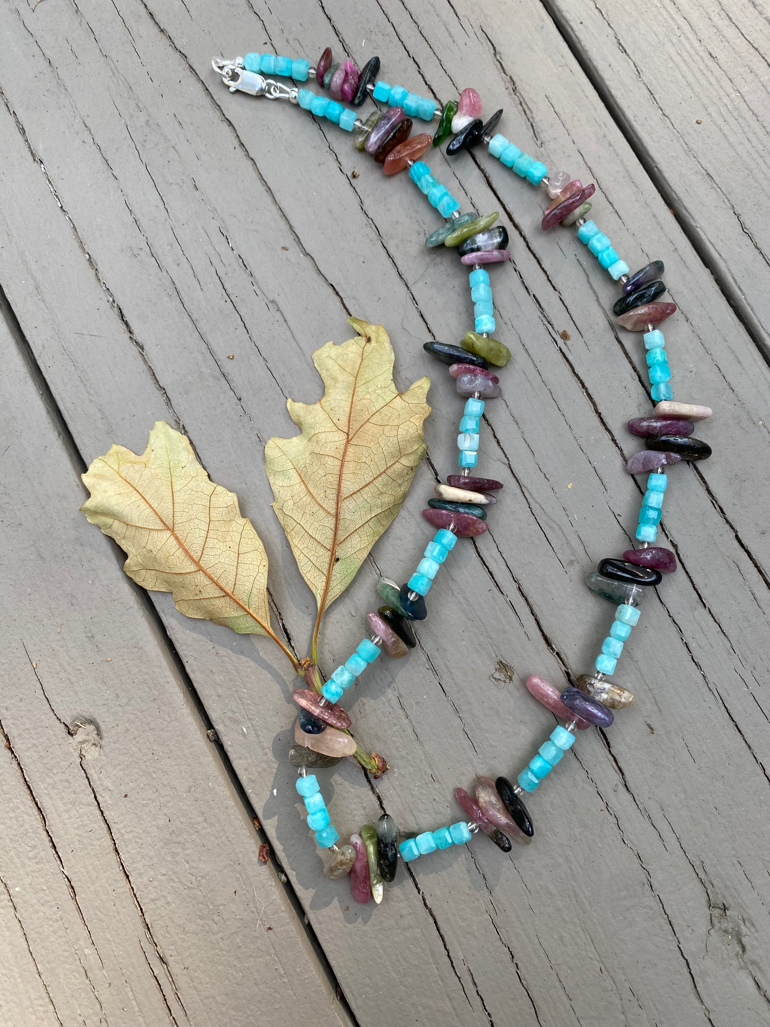 Apatachi handcrafted jewelry, sophisticated bohemian necklace with Amazonite cube shaped beads and watermelon tourmaline chips 18 inch necklace