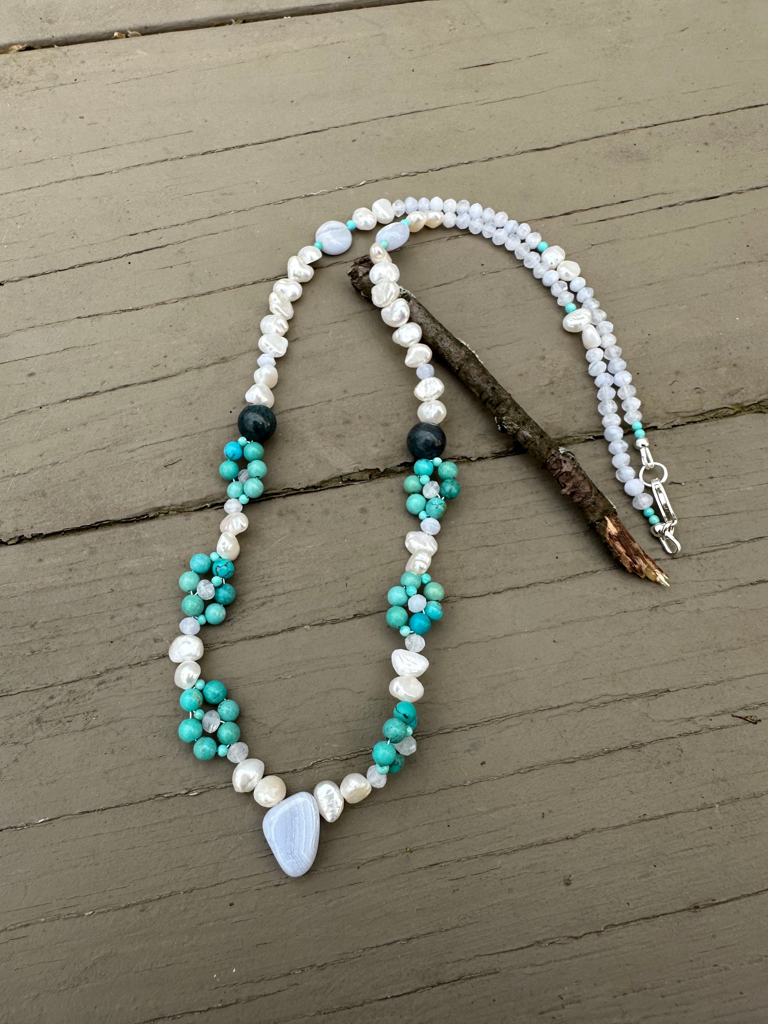 Apatachi handcrafted necklace, Blue Lace Agate drop with Hubei Turquoise Wildflower gemstone necklace with bohemian freshwater Pearl.