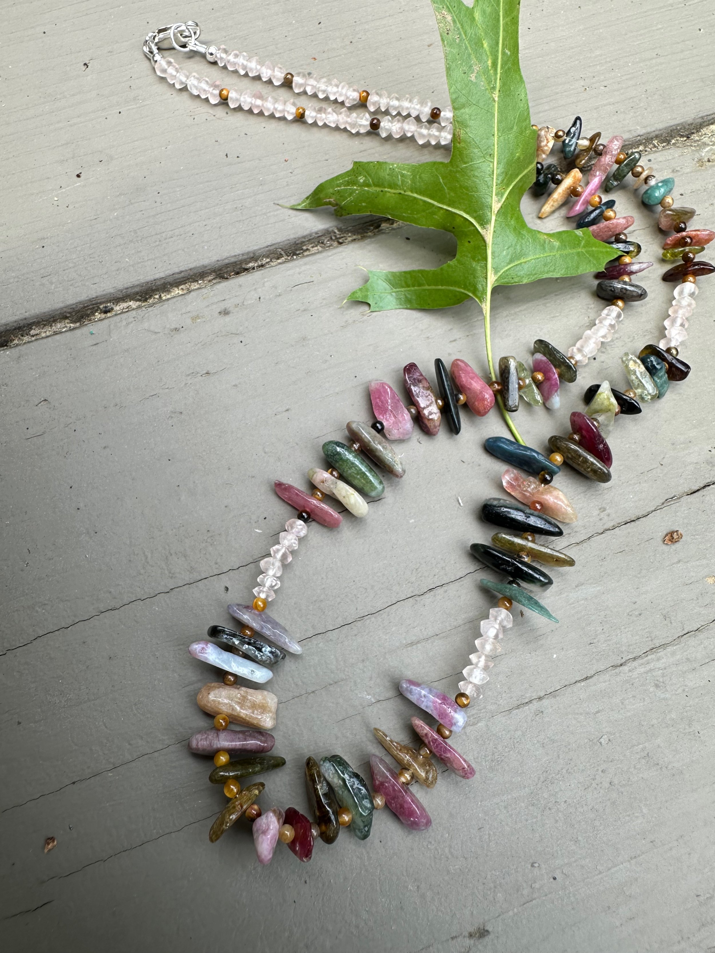 Watermelon Tourmaline sticks stack up with Tiger’s Eye in this gorgeous necklace with breaks of beautiful Rose Quartz 21 inch necklace beautiful and unique