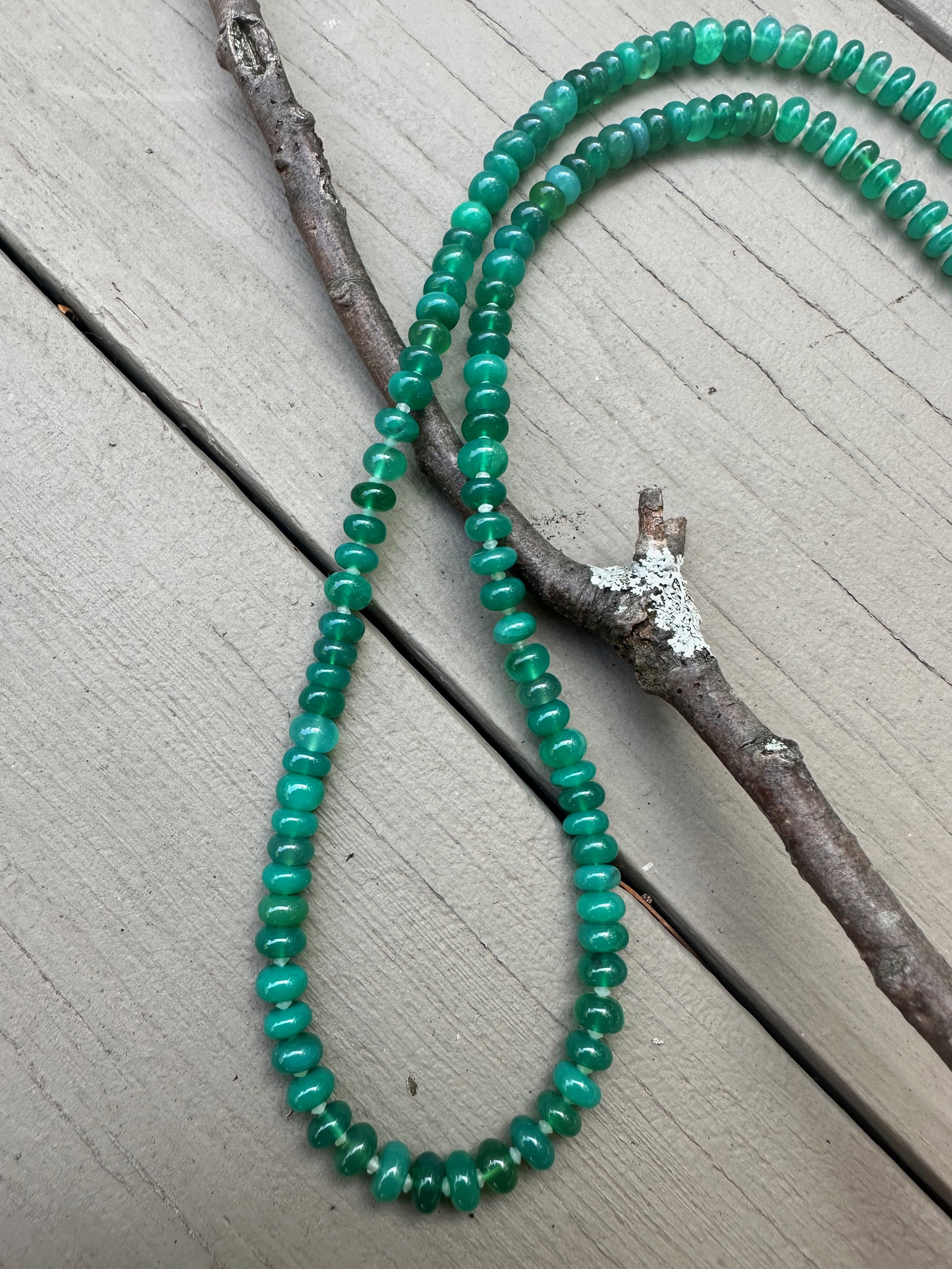 Green Onyx Strand Necklace with Aquamarine. Onyx stones are smooth and catch the light beautifully
