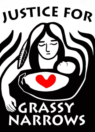 Poster: Justice for Grassy Narrows. Features bold, black-and-white art of an Indigenous woman cradling a baby in her arms, with a red heart in the centre.