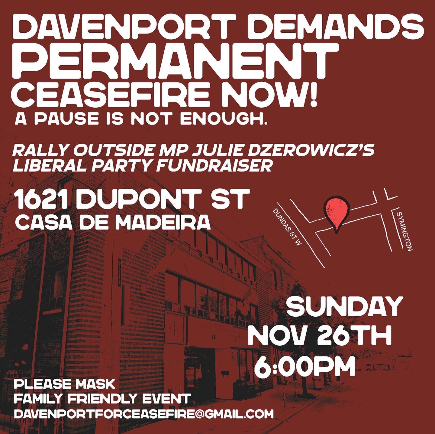 Davenport residents know that a pause is not enough! We demand a PERMANENT CEASEFIRE NOW! 

15,000 people have been killed in Gaza over the last six weeks. This four day pause shows us that pressure is working and that a ceasefire is possible &ndash;