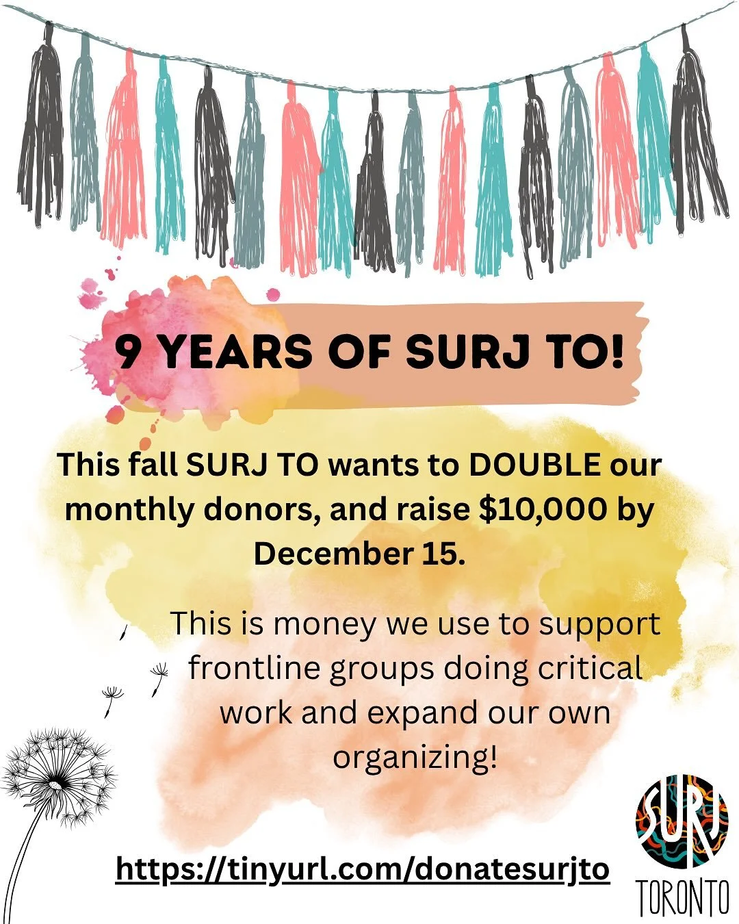 SURJ Toronto is one of very few places that grassroots organizations can come to for much needed funds. Because we prioritize underfunded groups and hard to fund groups, we are filling a critical gap in the organizing landscape in this city.

Right n
