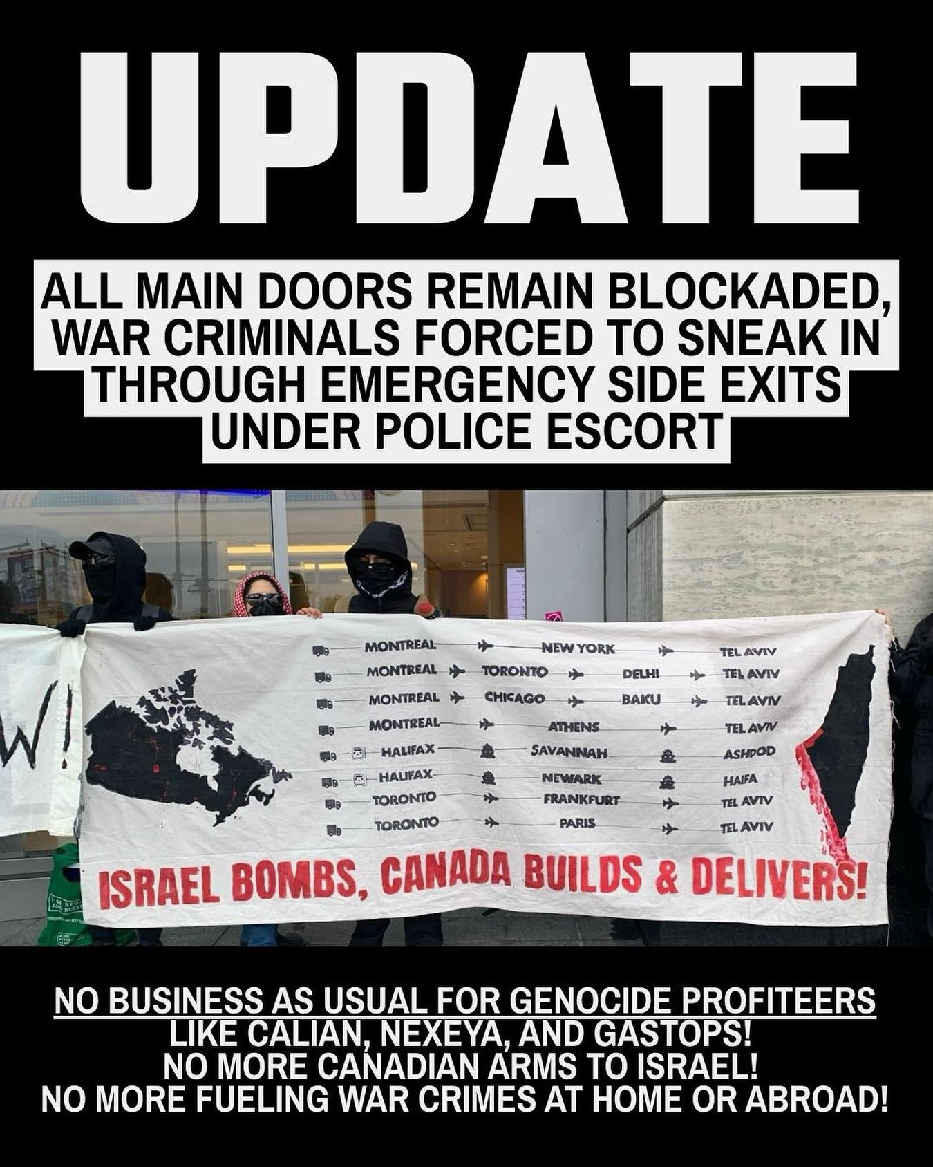 Protestors are still at London ON&rsquo;s Best Defence Conference aka one of Canada&rsquo;s preeminent War Crime Summits. 

ALL MAIN DOORS remain blockaded - attendees have been forced to sneak into emergency side exits under police escort like the w