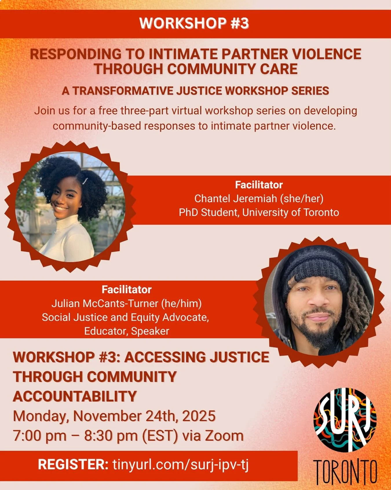📣 WORKSHOP #3 COMING UP! 📣

WORKSHOP #3: ACCESSING JUSTICE THROUGH COMMUNITY ACCOUNTABILITY

Monday, November 24th, 2025

7:00 pm &ndash; 8:30 pm (EST) via Zoom

Who do survivors of intimate partner violence turn to when shelters are full, social s