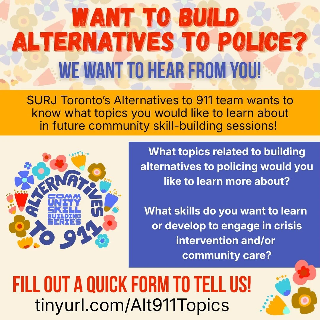 Do you want to build alternatives to the police? Our Alternatives to 911 team wants to hear from you! We want to know what topics you would like to learn about in our future community skill-building sessions. Fill out a quick form to tell us at tinyu