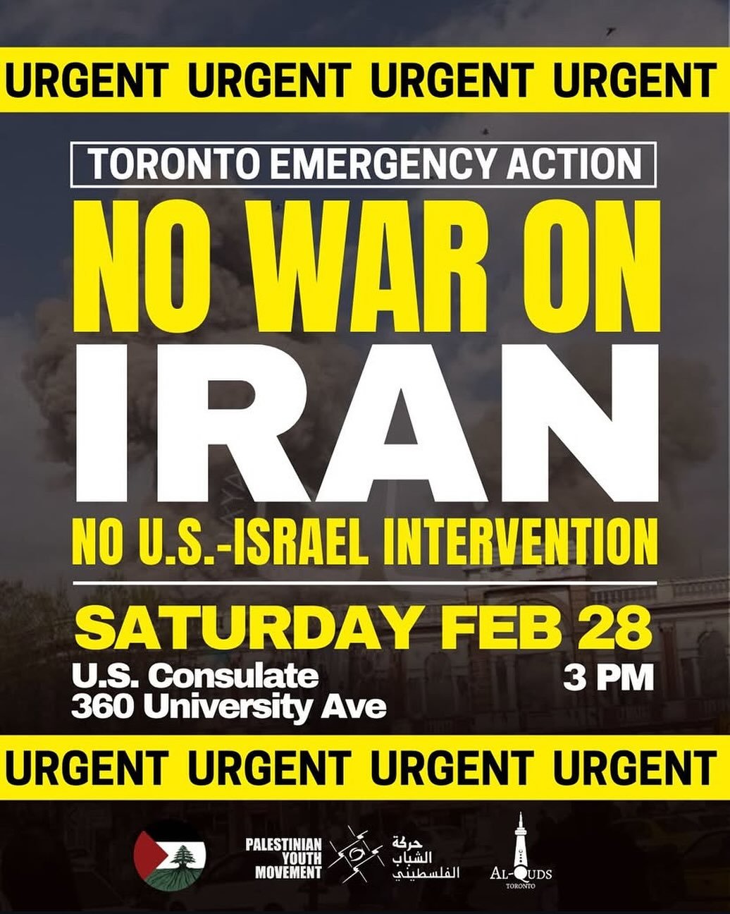ALL OUT! 3 PM! US CONSULATE! 

Bombing Iran won&rsquo;t bring safety to anyone.
Imperial warmongering is not a pathway to peace.
Canada must revoke its shameful support for Trump and Netanyahu&rsquo;s attacks. 

HANDS OFF IRAN!