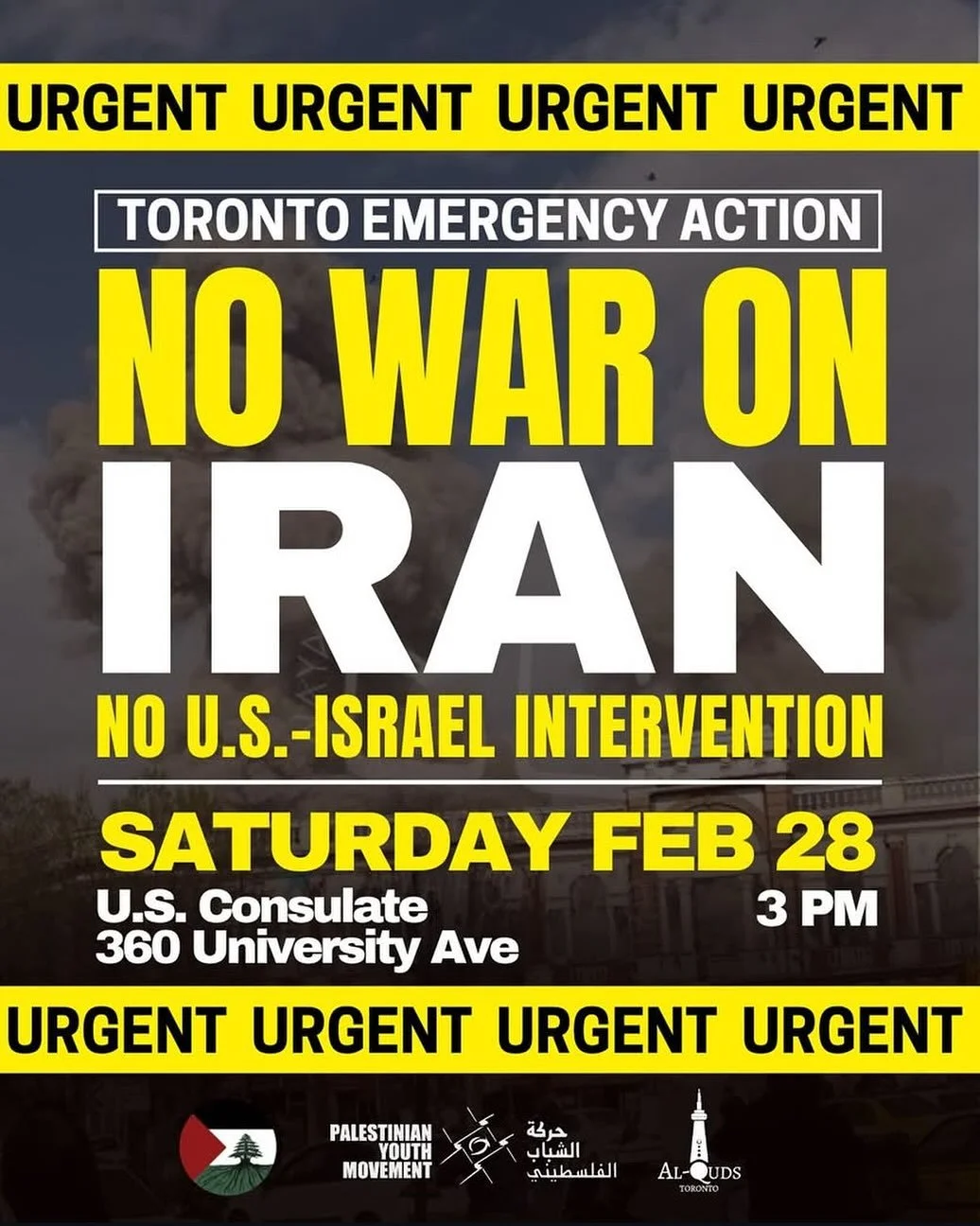 ALL OUT! 3 PM! US CONSULATE! 

Bombing Iran won&rsquo;t bring safety to anyone.
Imperial warmongering is not a pathway to peace.
Canada must revoke its shameful support for Trump and Netanyahu&rsquo;s attacks. 

HANDS OFF IRAN!