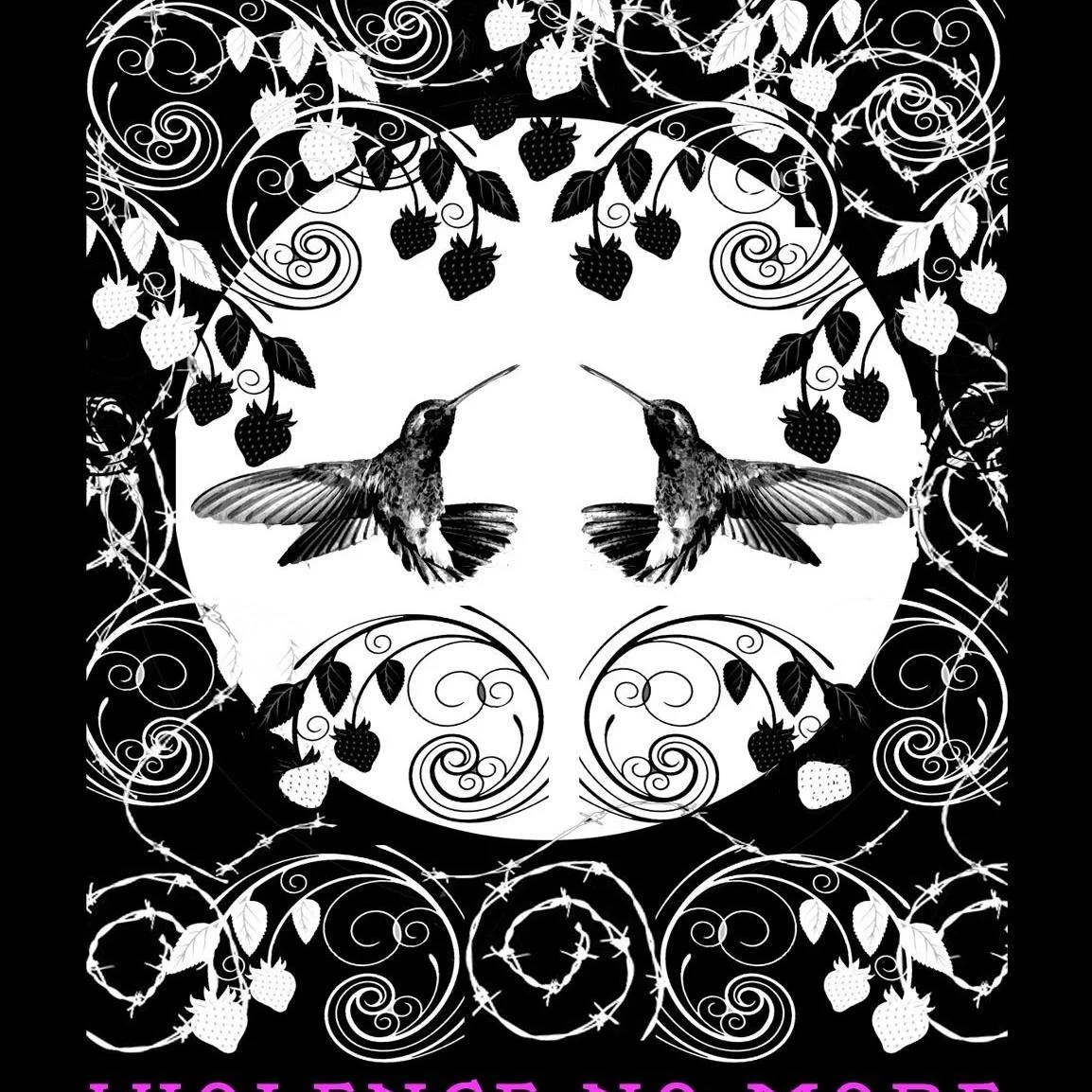 Drawing of two humming birds surrounded by a strawberry bush