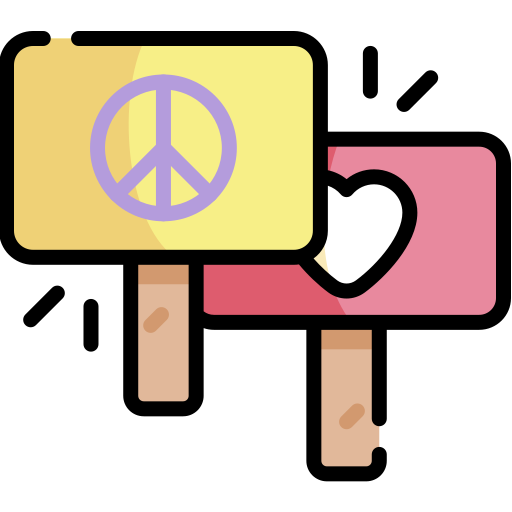 Icon: protest signs with peace symbol and heart symbol