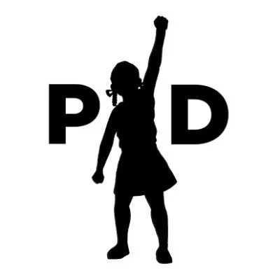 A silhouette image of the letters PD and a person with a fist in the air