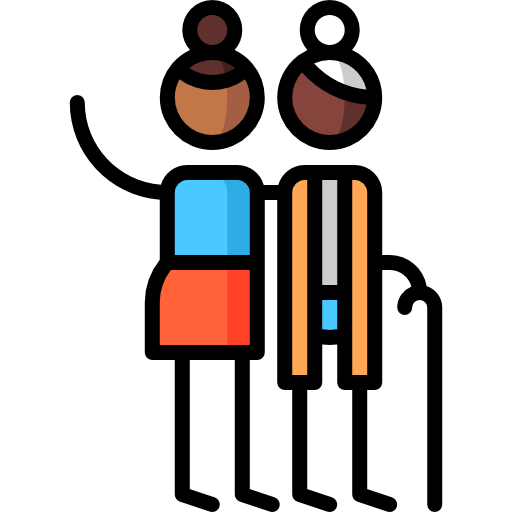 Icon: 2 people standing together, one using a cane and one waving