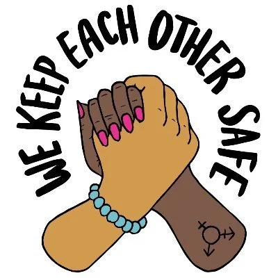 Two people holding hands under a banner that reads We Keep Each Other Safe