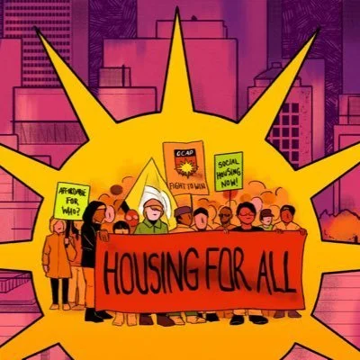 Cartoon if people at a protest with the sun behind them with a banner that reads Housing for All