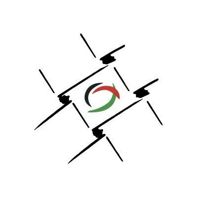 A grid with a circle in the middle in the colours of the Palestinian flag