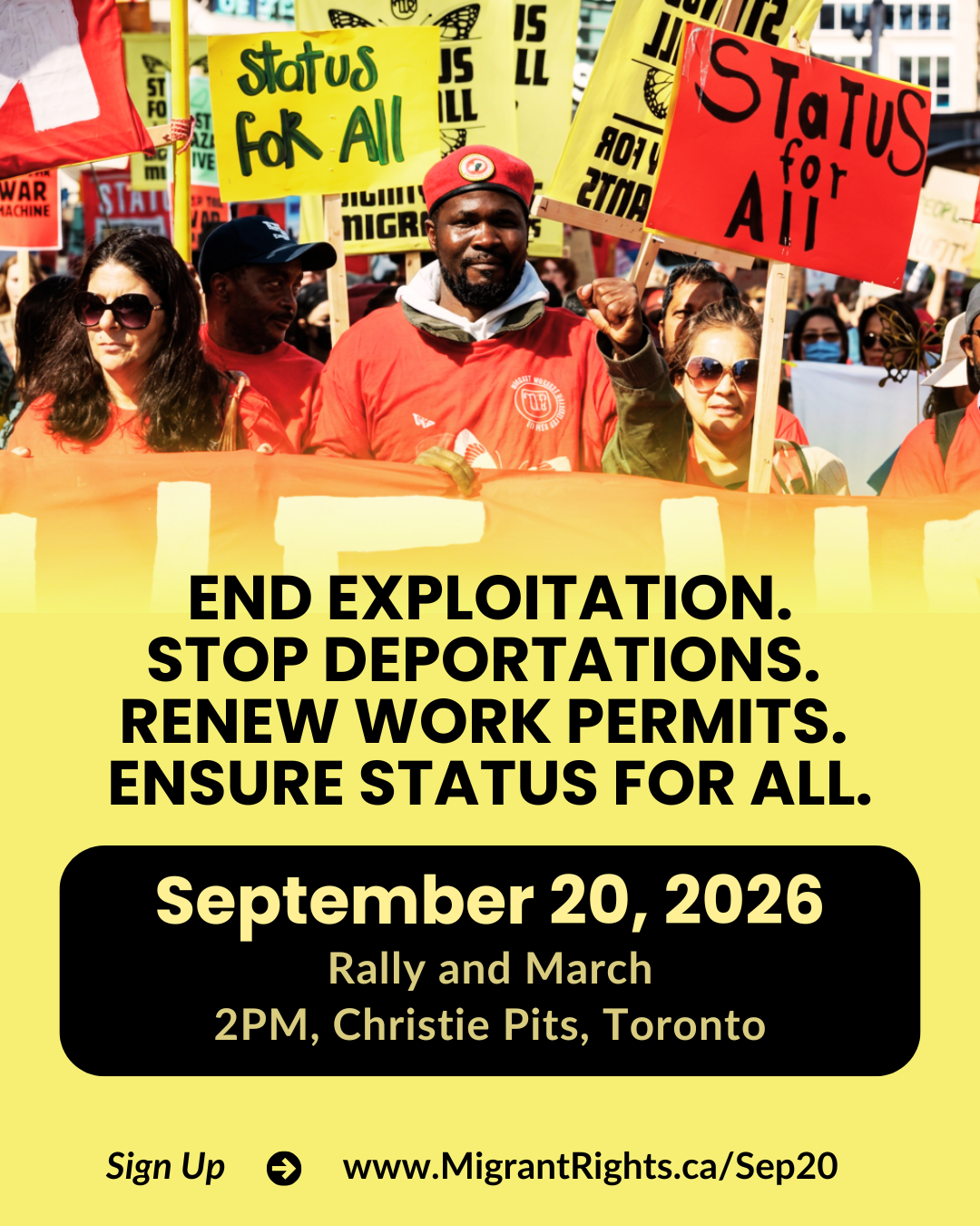 Graphic advertising rally and march on September 20, with info about the event and a photo of people marching in the street holding signs saying Status for All.