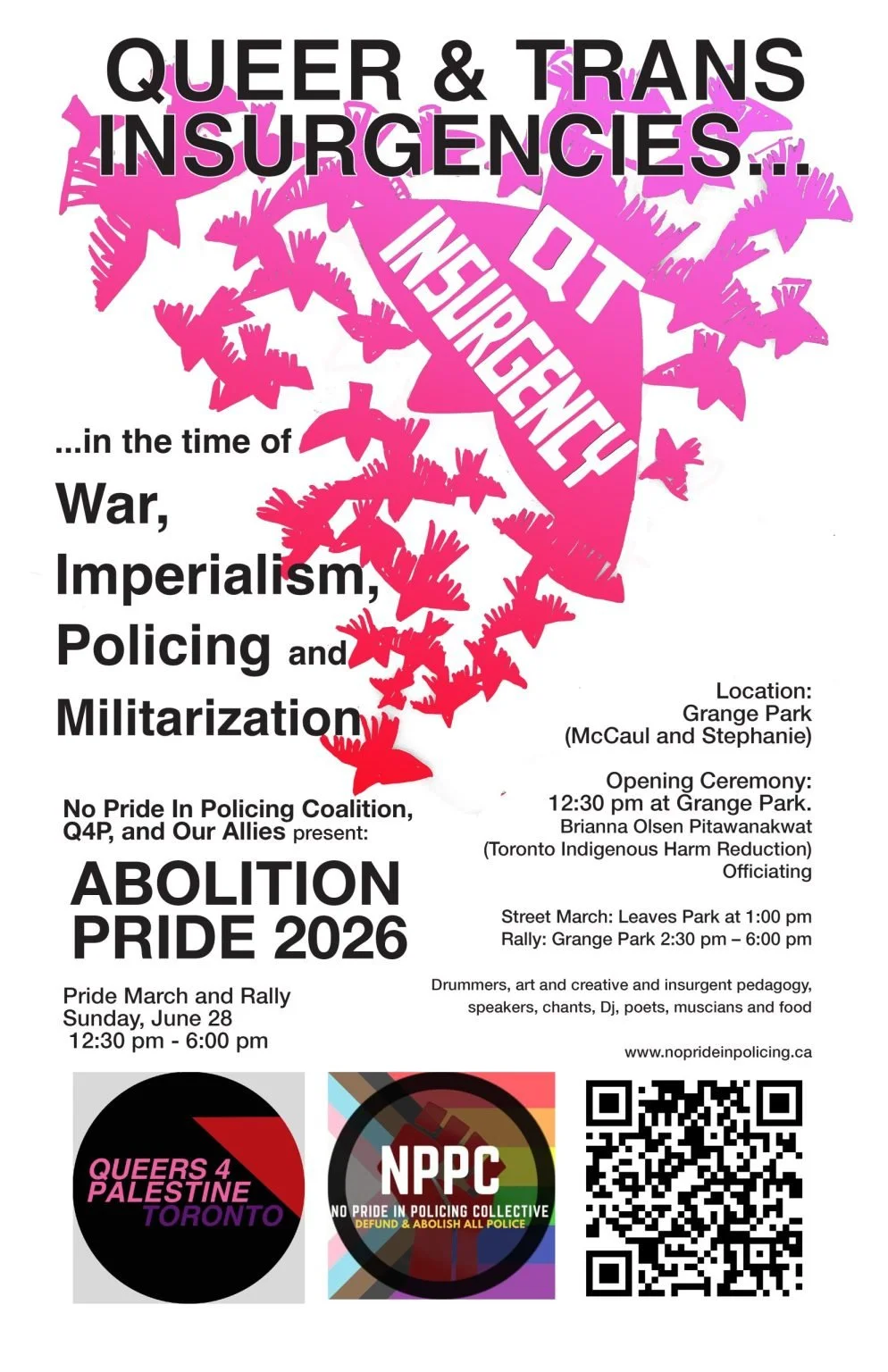 Graphic advertising Abolition Pride event, with information about the event and art of a flock of birds in a red/pink gradient.  Text on the largest bird reads "QT Insurgency."