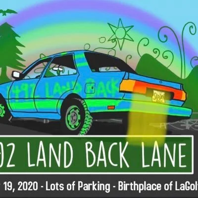 Drawing of a car and a rainbow with text that reads Land Back