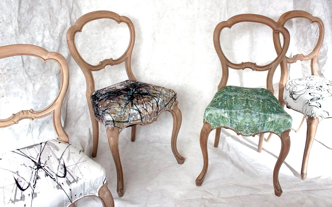 Scribe designs adapted for upholstery on Balloon backs. Private commission.