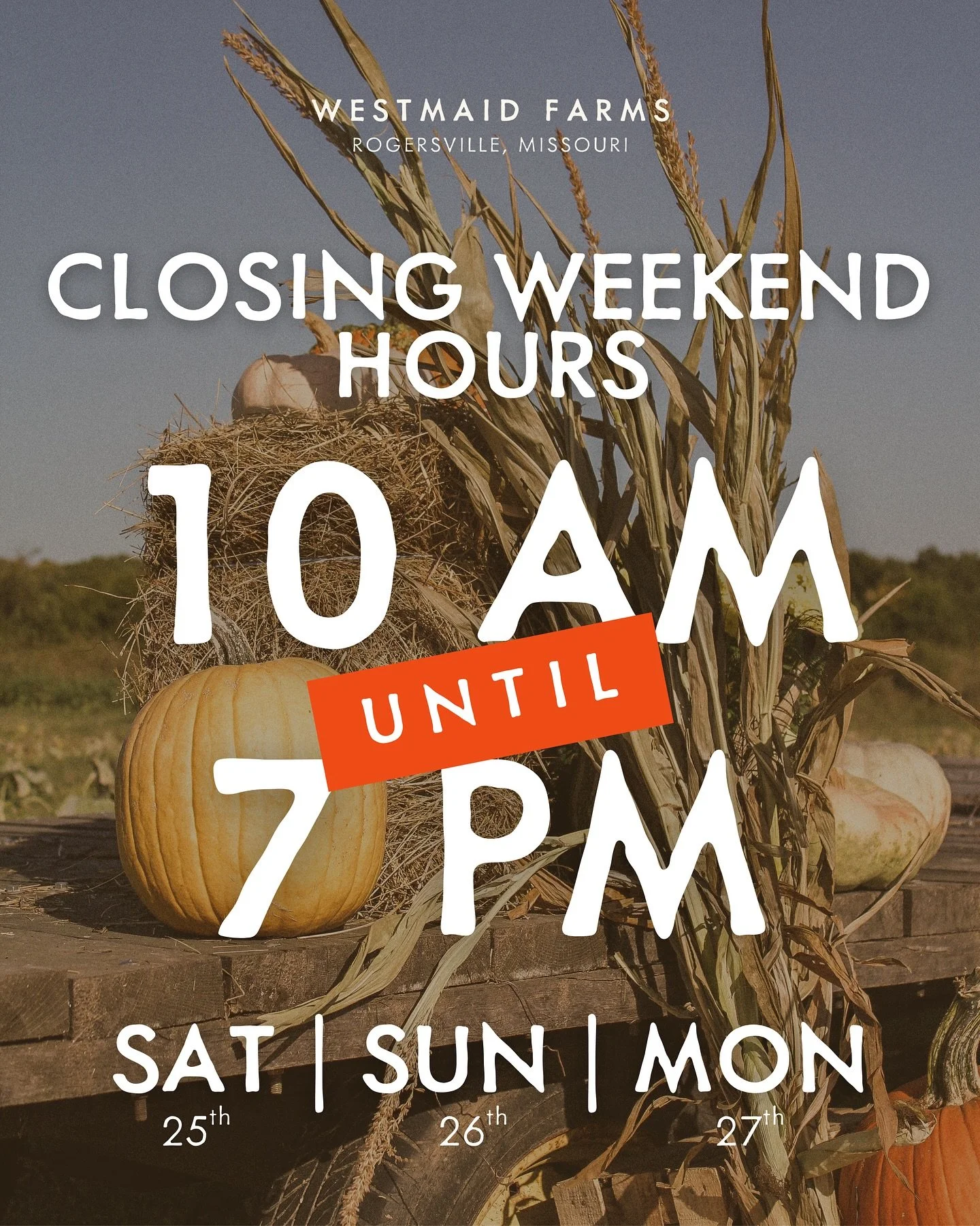 Don’t miss the final weekend! 🎃
It’s your last chance to experience the magic of the pumpkin patch this year! Due to weather, we’re EXTENDING our closing weekend hours! 
Join us Saturday, Sunday, and Monday from 10 AM to 7 PM. Co